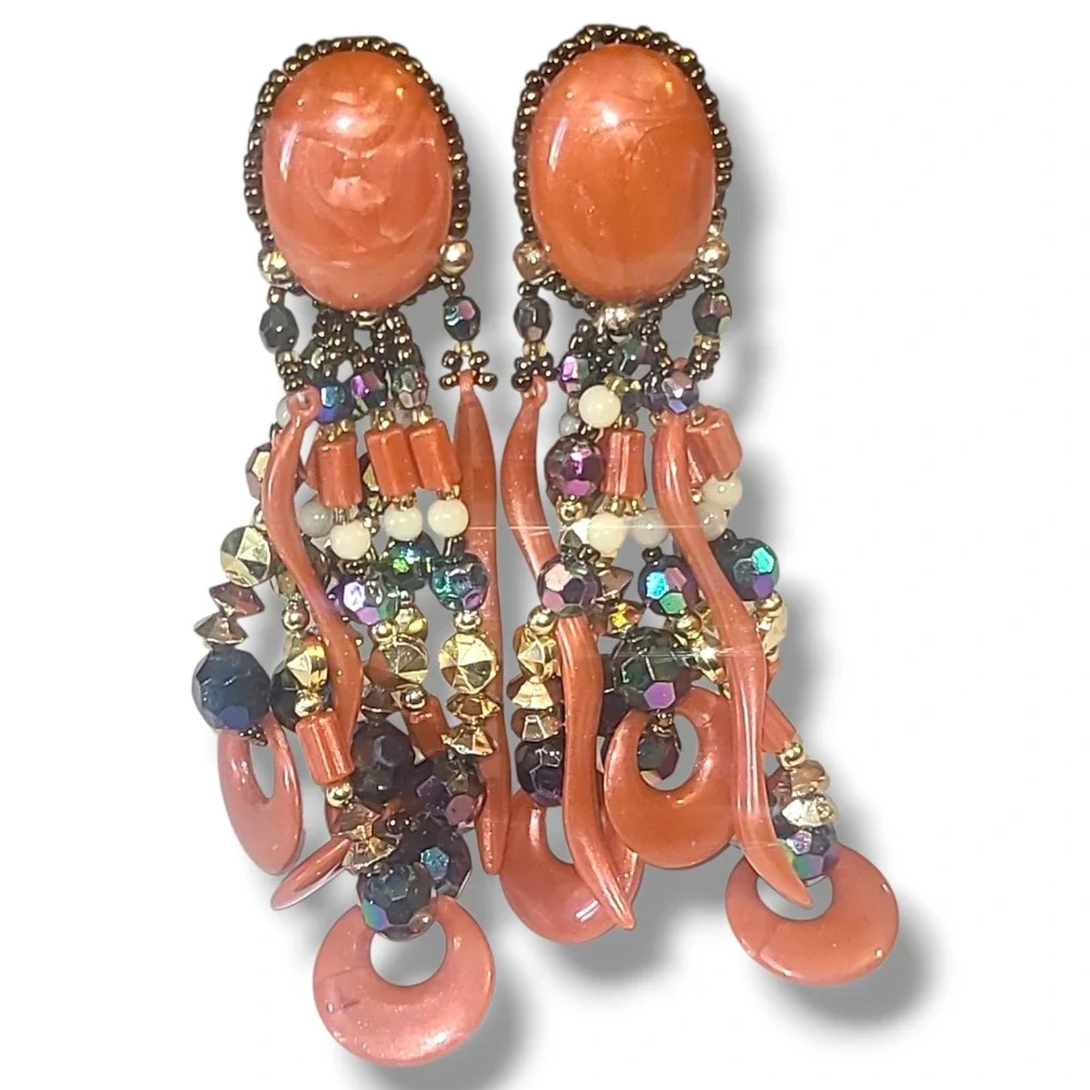 Vintage‎ 80s Chipita Big Coral Beaded Dangle Earrings Pierced Chandelier Boho